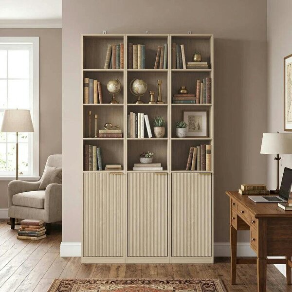 Bookcase Adjustable Shelf Bookshelf Anti-Tip Hardware 6-Tier Storage Cabinet Oak Wood Effect