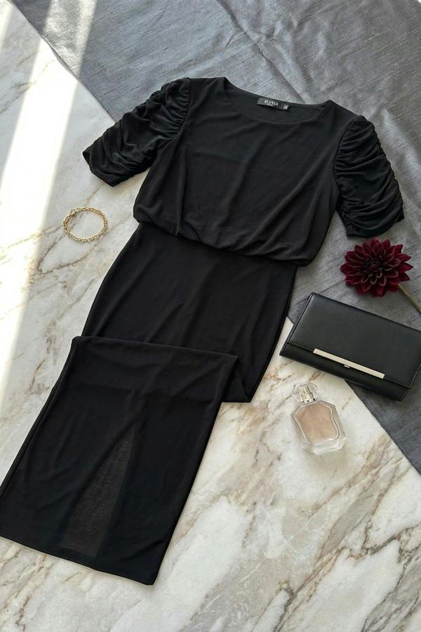 Elvira Ruched Short Sleeve Maxi Dress With Draped Bodice - Black