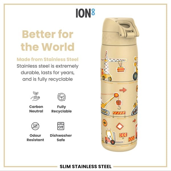 ION8 Leak Proof Slim Water Bottle, Stainless Steel, Diggers, 600ml (20oz)