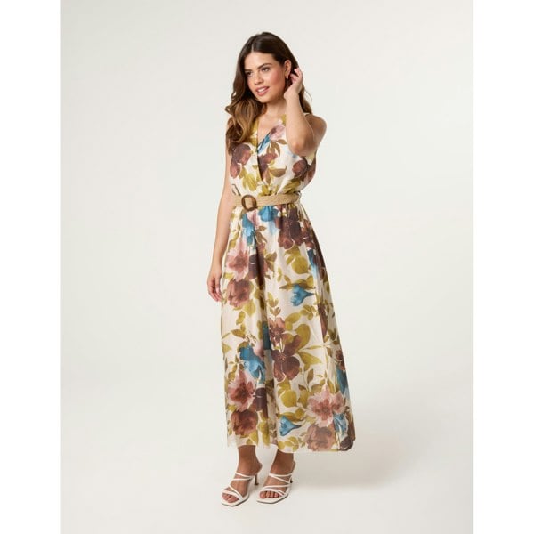 Blue Vanilla Floral Wrap Belted Fine Silk Dress