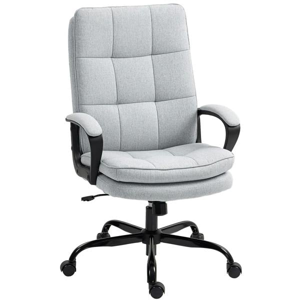 Light grey office chair with double-padded back, upholstered seat, and black swivel base
