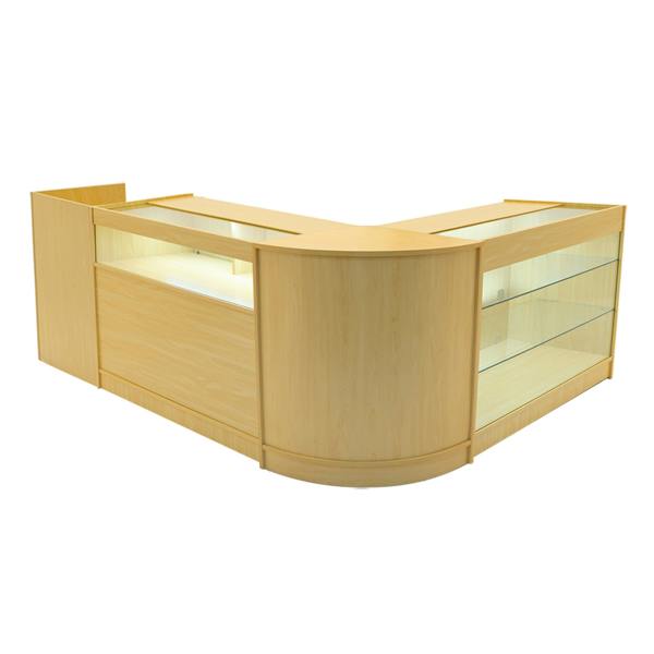 Polaris LED Shop Counter Set in maple finish, featuring sleek glass display shelves and a modern, curved design for retail spaces