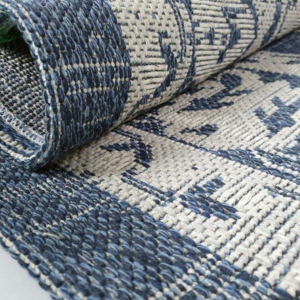 Cotton Rug Machine Washable Navy Blue Grey Oriental Pattern Flat Weave Carpet Runner Large Small