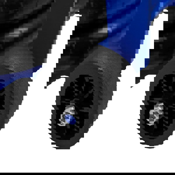 Black rubber wheel of a blue Air Bag Jack 3.5T Long Lever Handle, showcasing sturdy construction and smooth mobility for lifting tasks