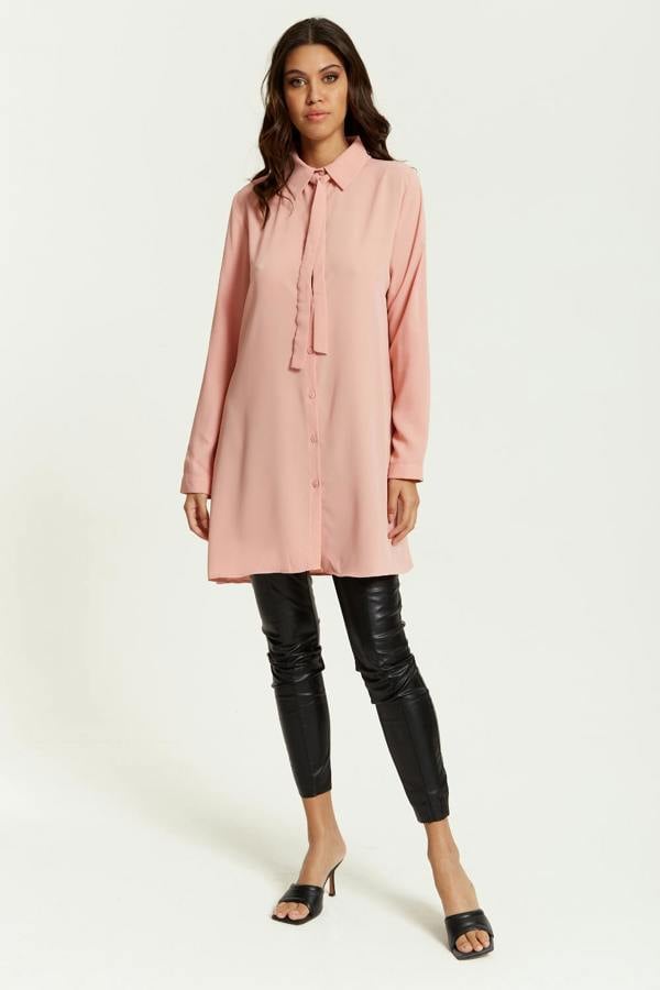 Hoxton Gal Oversized Tie Detailed Shirt Tunic with Long Sleeves in Pink