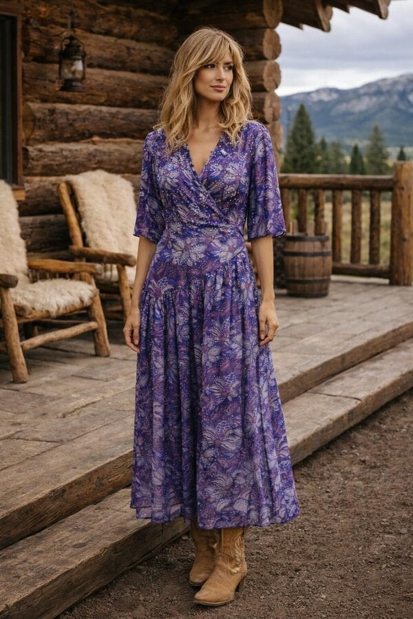 Lilian Wrap Dress - Puff sleeve wrap dress in a purple floral viscose satin, Maxi length