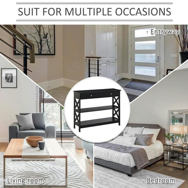 Black console table with drawers and open shelves, styled for entryway and living room use