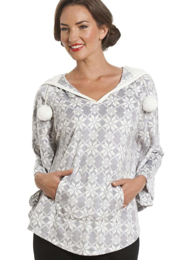 Snowflake Print Grey Hooded Fleece Poncho