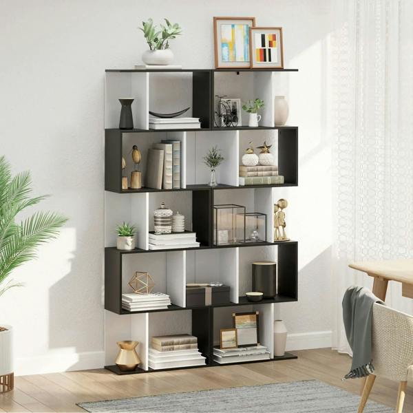 Freestanding black and white S-shaped bookshelf with multiple open square shelves