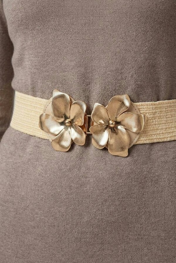 Izabel London Metallic Floral Buckle Woven Waist Belt