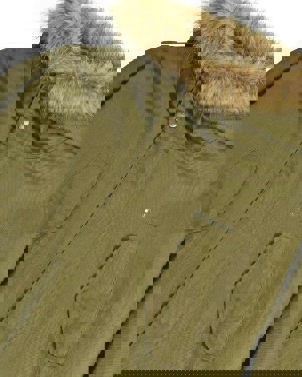 Lambretta Mens Cotton Classic Hooded Classic Badge Parka Coat, green winter jacket with fur-lined hood, buttoned pockets, and branded detailing.