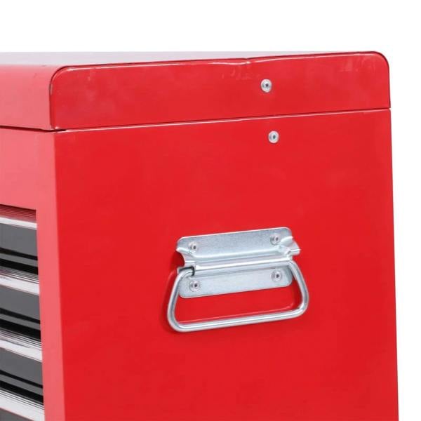 Red metal tool chest with front latch handle and keyhole on top panel
