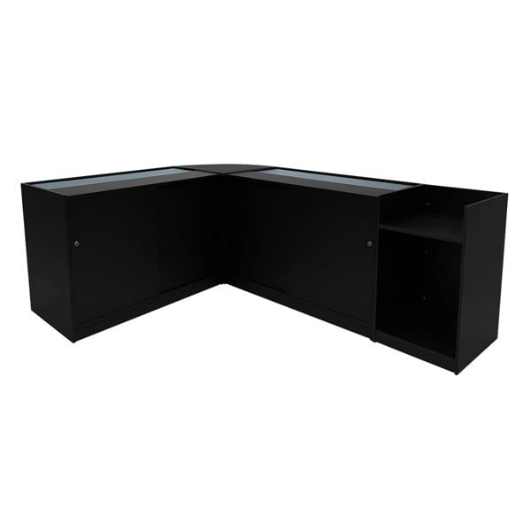 Black Phoenix LED Shop Counter Set featuring sleek design, glass display tops, and ample storage space for retail items