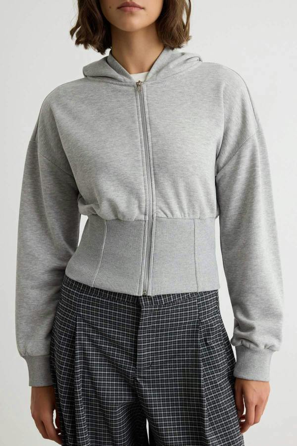 Thick Hooded Zip Through Cropped Sweatshirt