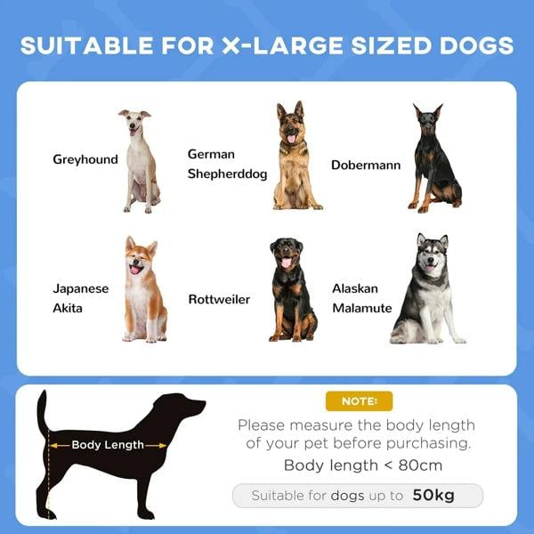 Raised dog bed cot in blue, illustrated size guide for large dogs with body length notes