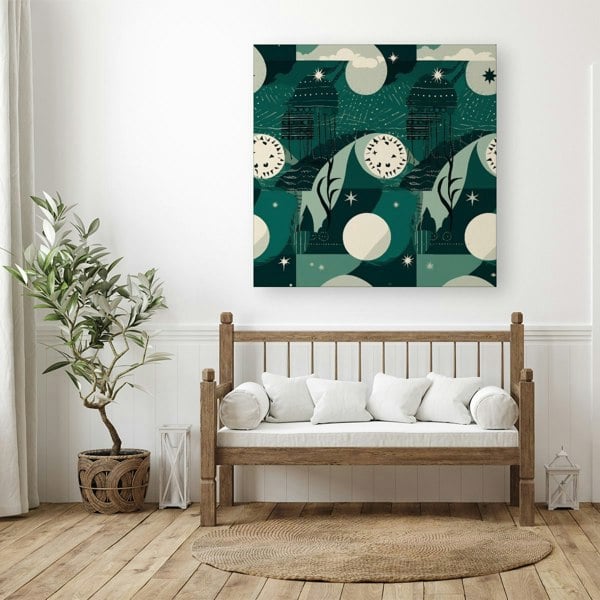 Warren Reed Abstact Green Cream Moon and Stars Canvas