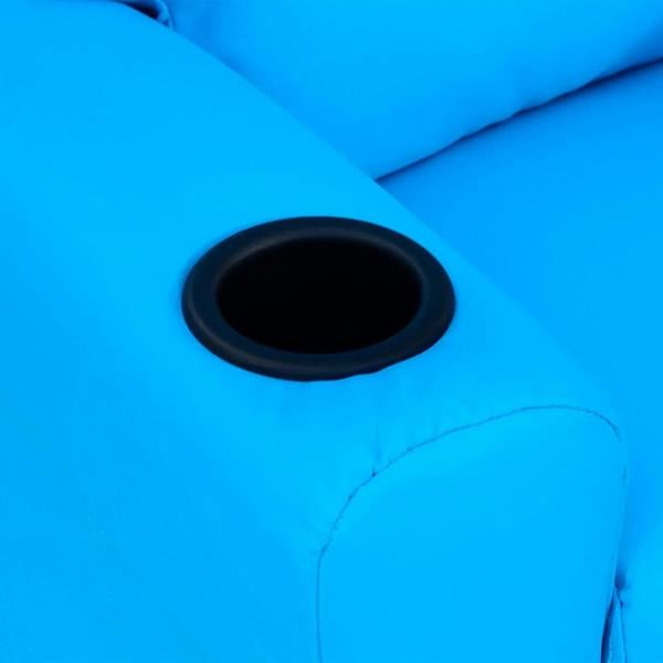 Close-up of blue recliner chair cup holder opening on cushioned armrest
