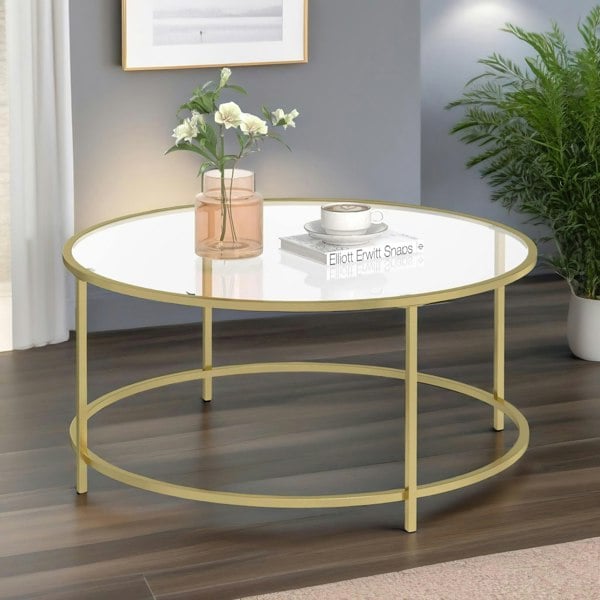 Rafaelo Mobilia Industrial Tempered Glass Round Coffee Table Gold