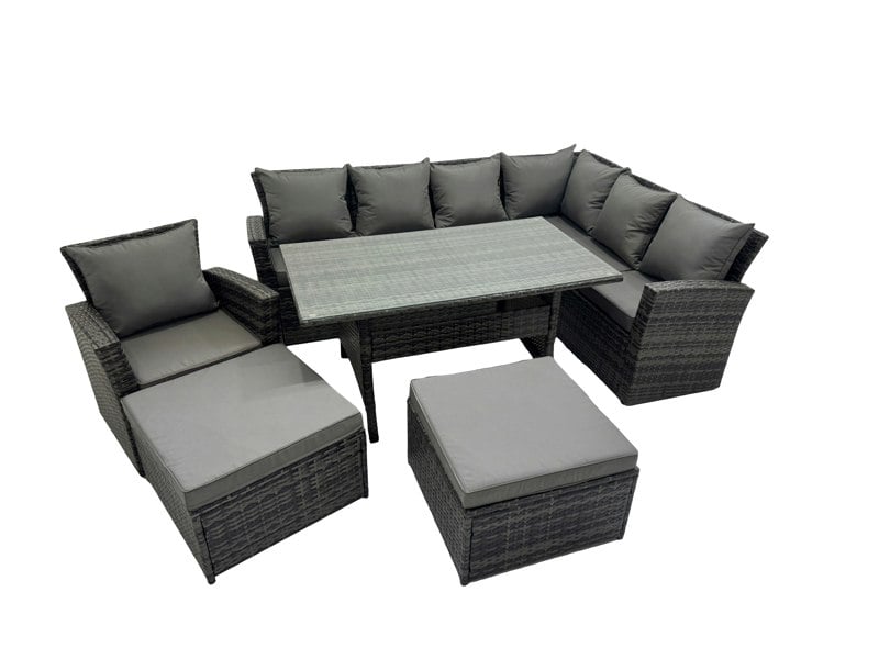 Fimous Rattan Garden Furniture Set Outdoor 9 Seater Patio Dining Corner Sofa Sets with Dining Table Chair Dark Grey Mixed