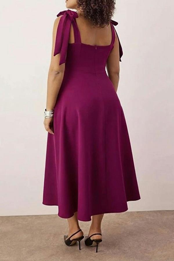 WOVCOR A-Line Midi Woven Evening Dresses with Strap Tie Detail