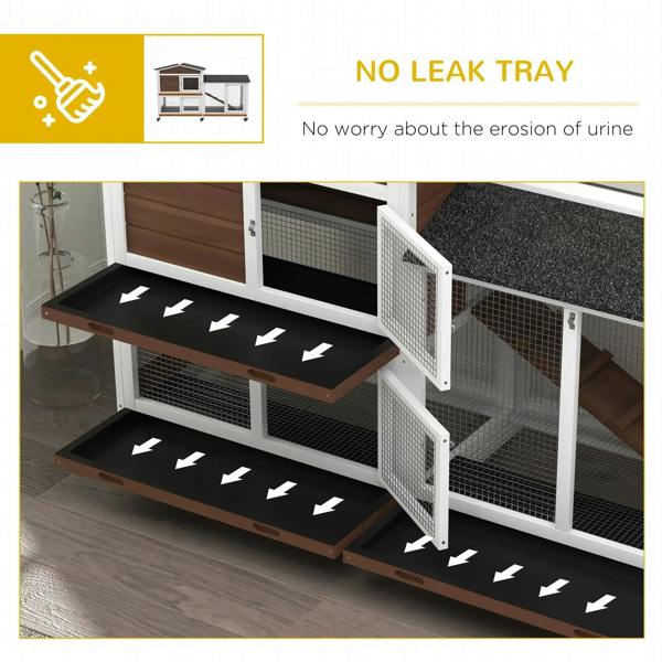 Brown two-tier pet hutch interior with mesh walls and ramp platforms