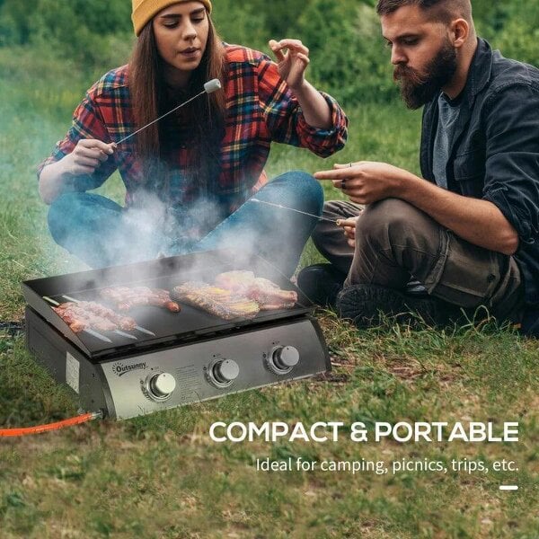 Bobobiy Gas Plancha Barbecue Grill with 3 Stainless Steel Burner, 7.5kW, Portable Tabletop Gas BBQ with Non-Stick Griddle for Camping Picnic Garden