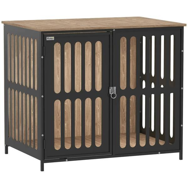 Single-door dog crate furniture with anti-chew resistant mesh, walnut brown top