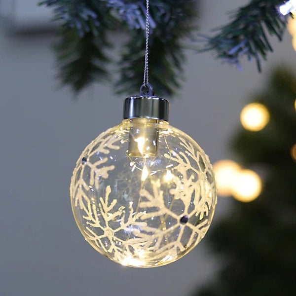Set of 6 Clear Snowflakes Ball Christmas Glass LED Light Hanging Ornaments Living and Home