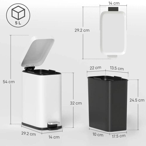 Bobobiy 5L Rectangular Compact Bin Steel Body Removable Bucket Quiet-Close Lid with Pedal Lid Rubbish Trash Can Office Bedroom Bathroom Living White