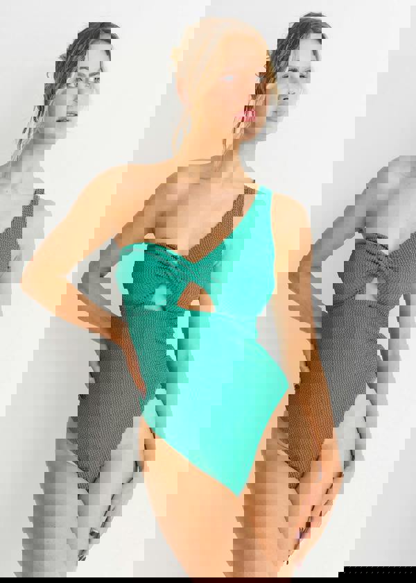 Gini London Green Textured Twist Front One Shoulder Swimsuit