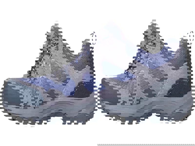 Karrimor Bodmin Low 6 Womens Waterproof Hiking Walking Trainers, a blue and gray low-cut hiking shoe with rugged sole and lace-up design for outdoor activities.