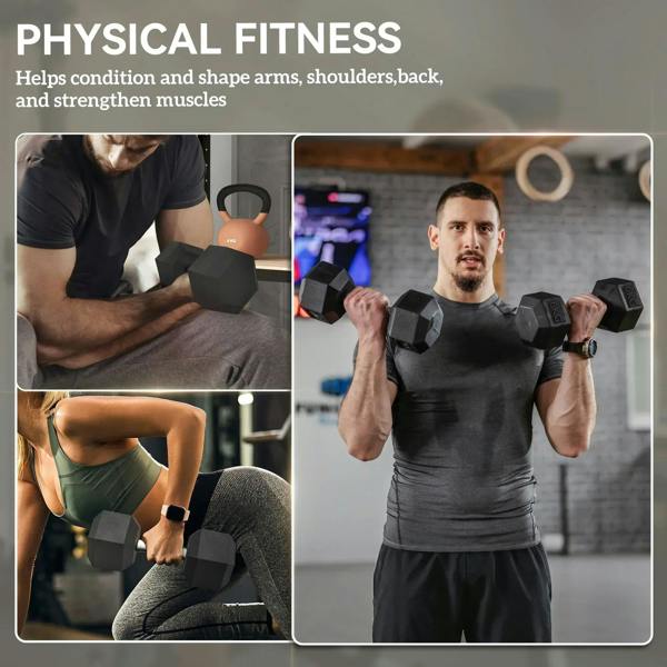 Black hex rubber dumbbells with knurled handles for arm and core exercises