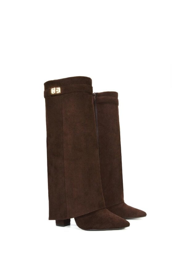 XY LONDON Block Heel Knee High Foldover Boots With Pointed Toe