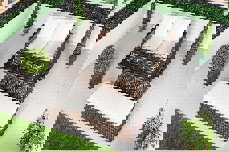 Giardino Sydney 2 Seat Loveseat Sofa Rattan Garden Furniture Set Outdoor With Fire Pit Coffee Table & Bench