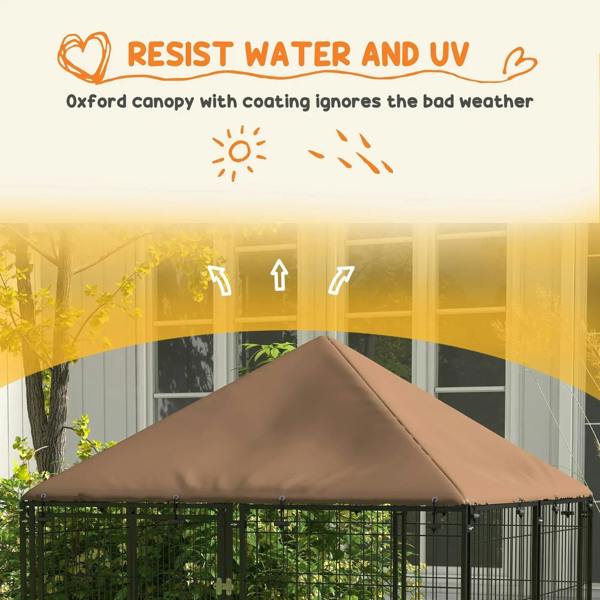 Dog playpen kennel canopy in brown over black wire enclosure