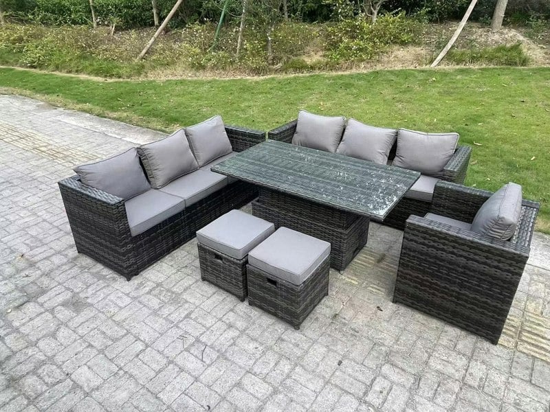 Fimous Wicker PE Garden Furniture Rattan Sofa Set Outdoor Adjustable Rising Lifting Dining Table Set with Armchair 2 Stools 9 Seater Dark Grey Mixed