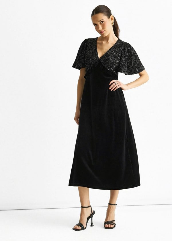 Gini London Black Sequin Top Premium Velvet Occasion Midi Dress
