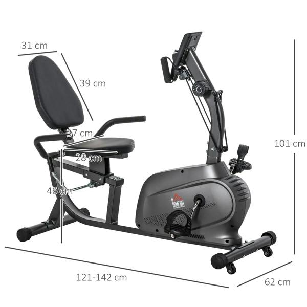Recumbent exercise bike with padded seat, backrest, and handlebars, front view with size guides