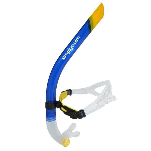 Blue Simply Swim frontal centre snorkel with yellow accents and clear tube