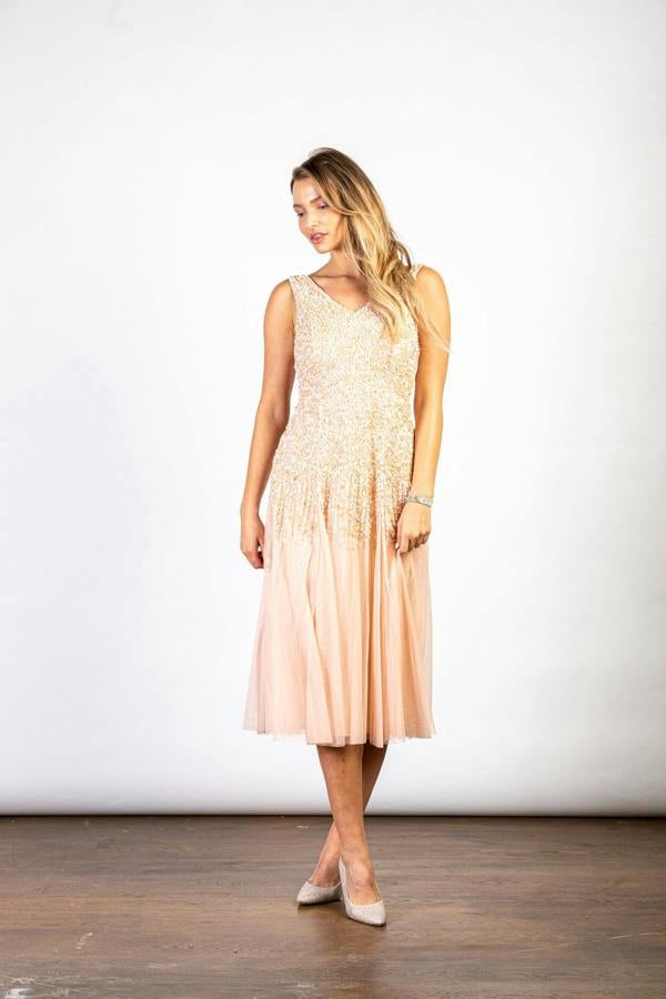 LuvForever Peach  Sequin Embellished V- Neck  Midi Dress