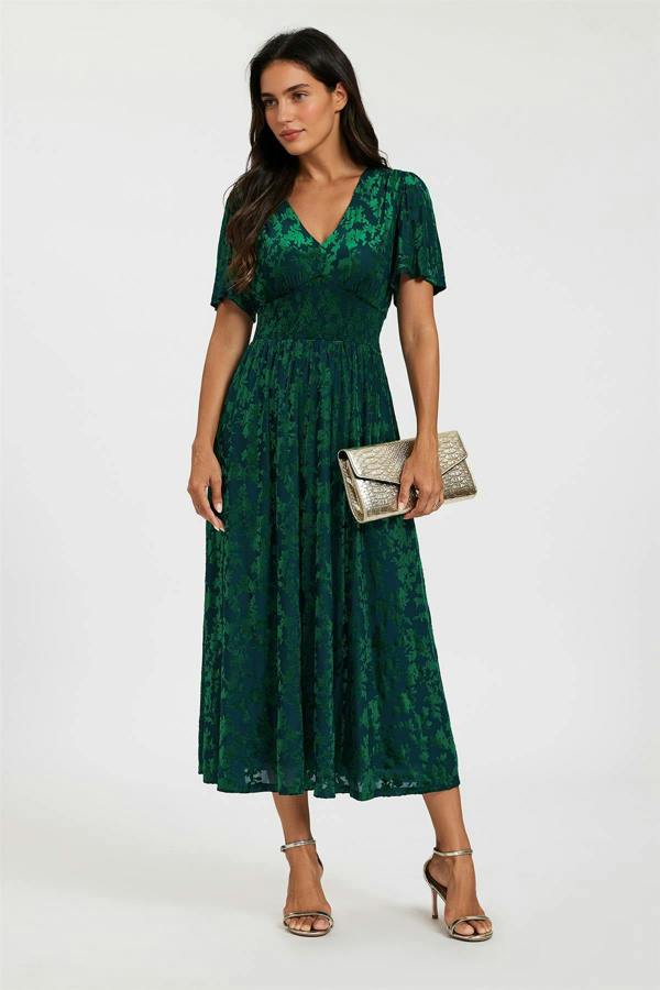 FS Collection Green Velvet Burnout V-Neck Angel Sleeve Midi Dress