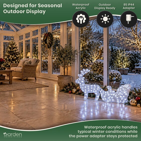 Acrylic Reindeer & Sleigh Christmas Decoration with 160 White LED Lights, Waterproof Indoor & Outdoor Display, 5m Cable