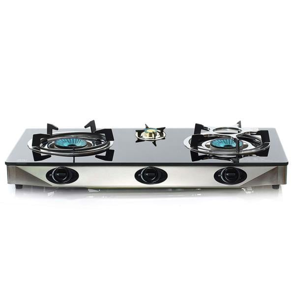 A black glass gas stove with three burners, set against a white background.