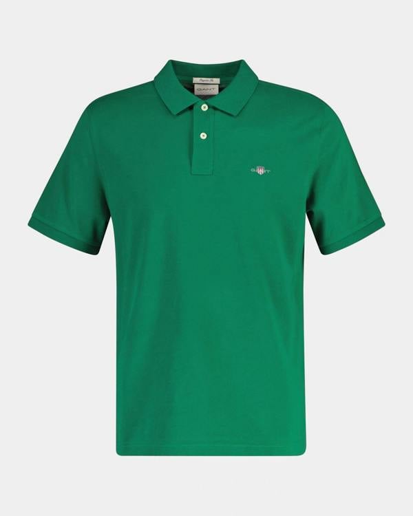 GANT Mens Regular Fit Short Sleeve Shield Logo Pique Polo - 344 Wild Green | CHO | Designer Mens Short Sleeve Polo Shirts