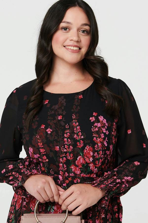 Black | Curve Floral Tie Waist Layer Maxi Dress