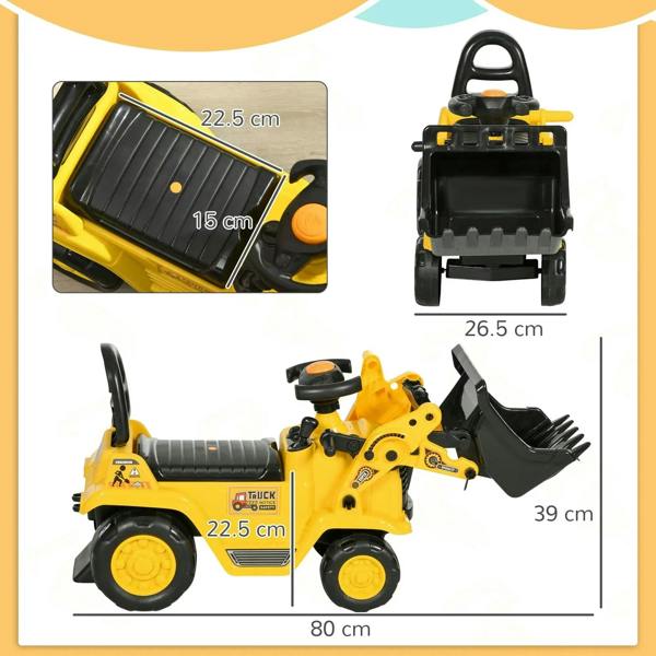 Yellow and black ride-on bulldozer toy with front bucket and backrest