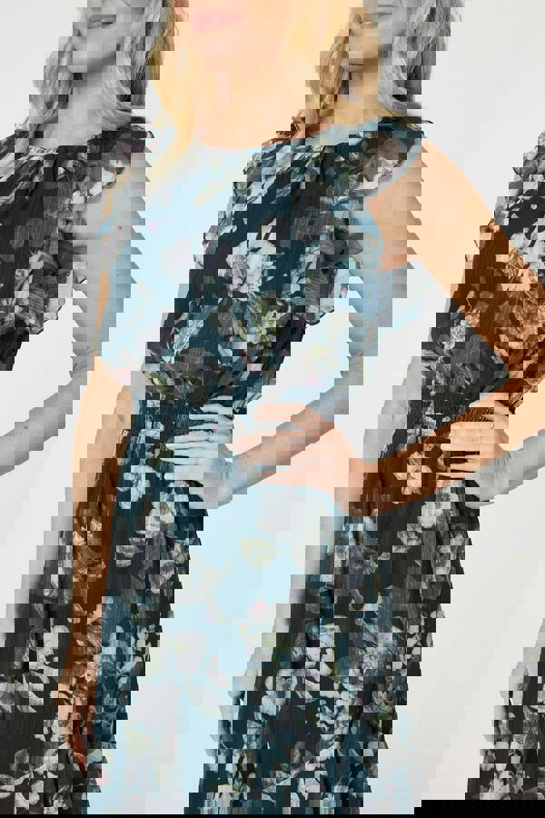 Green | Floral Frill Shirred Midi Dress