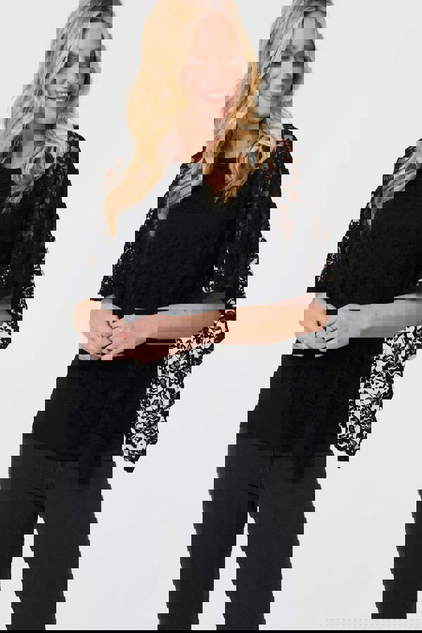 Black | Floral Lace Asymmetric Layered Top
