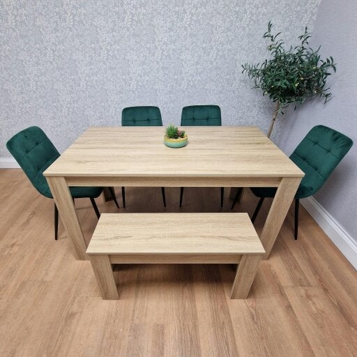 Kosy Koala Oak Effect Dining Table Set With 4 Green Velvet Chairs And Bench Dining Room Furniture