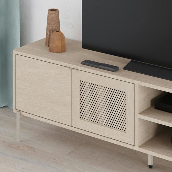 Decortie Modern 164cm TV Stand Unit Up to 55" TVs with 3 Soft-Close Doors, 2 Open Shelves Storage, Laser-Cut Pattern, Sonoma Oak